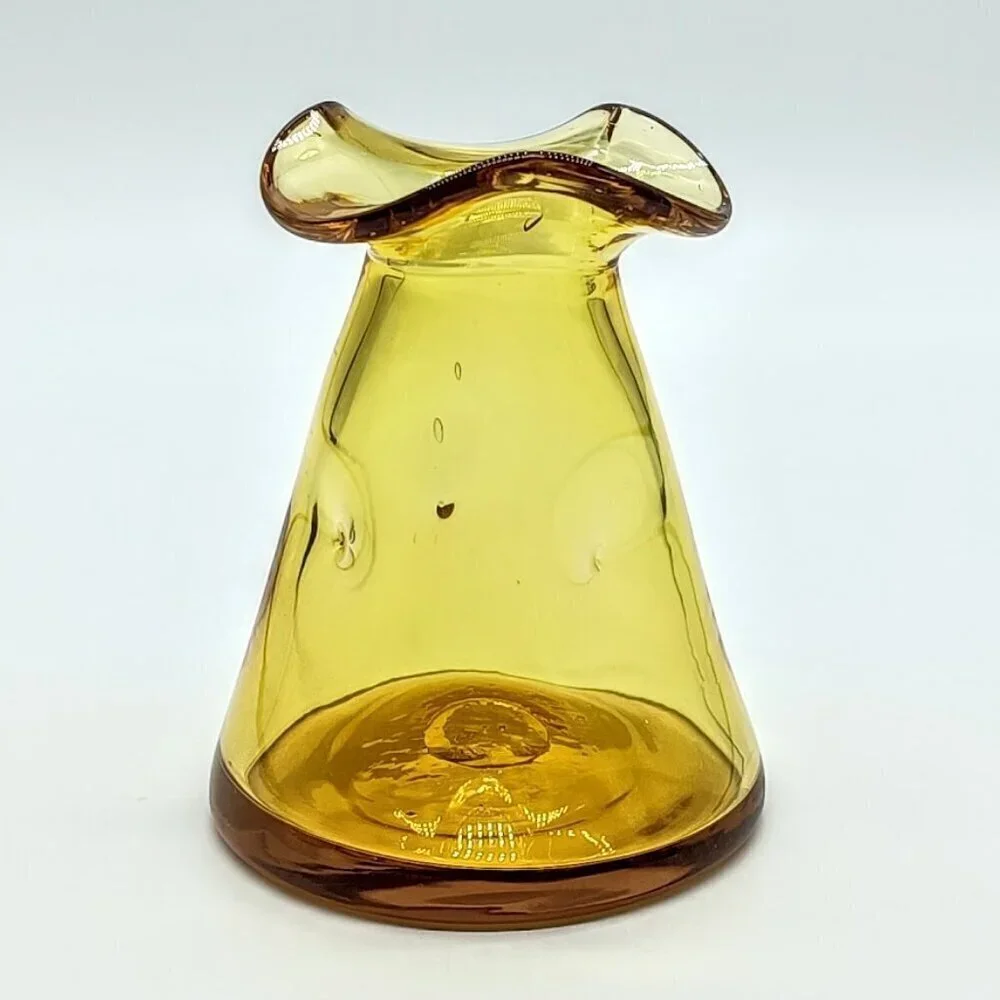 Handmade Amber Yellow Glass Fluted Rim Pinched Bud Vase